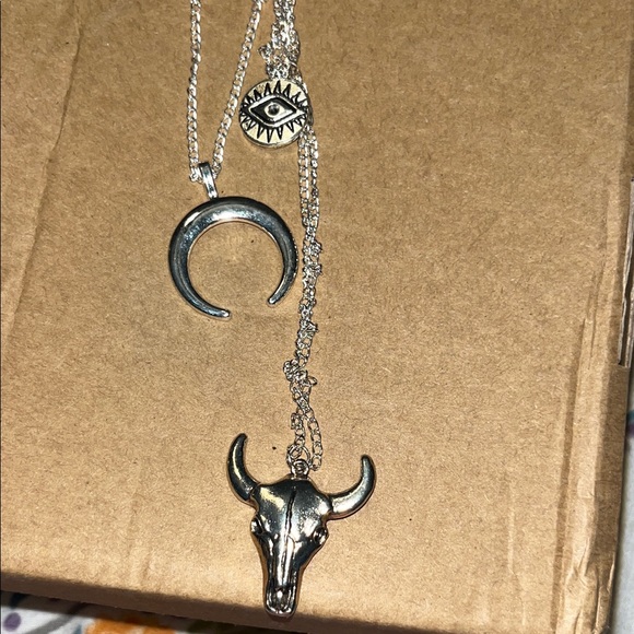 Silver Bull and Eye Pendant Necklace - Picture 2 of 2